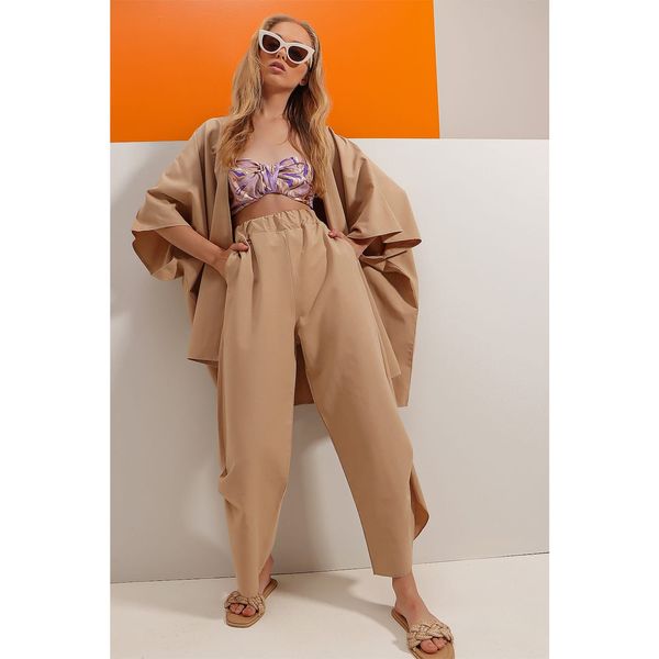 Trend Alaçatı Stili Trend Alaçatı Stili Women's Camel Trousers and Jacket Double Suit With Slit
