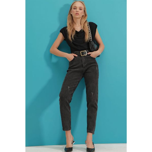 Trend Alaçatı Stili Trend Alaçatı Stili Women's Dark Anthracite High Waist Five Pockets Lycra Mom Jeans