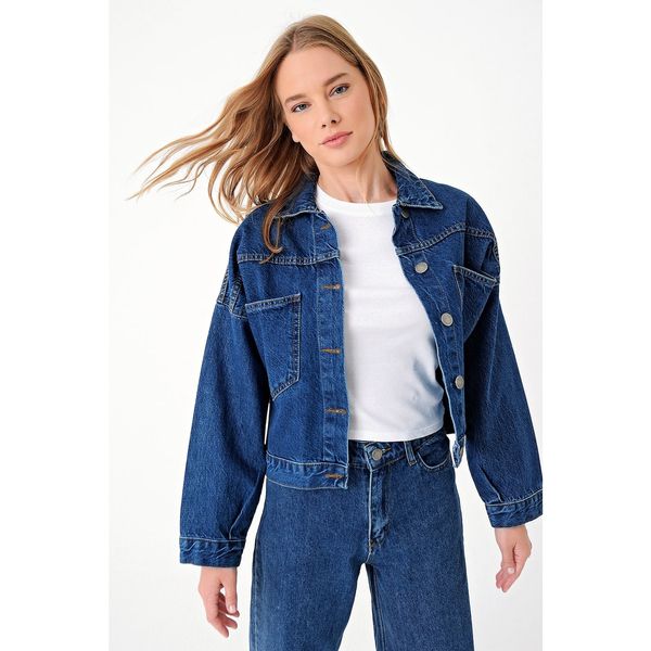 Trend Alaçatı Stili Trend Alaçatı Stili Women's Dark Blue Crop Denim Jacket