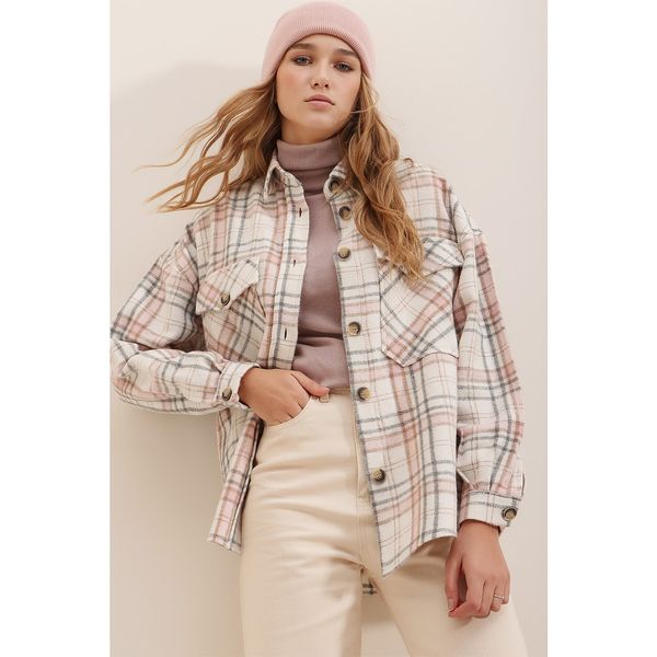 Trend Alaçatı Stili Trend Alaçatı Stili Women's Ecru Powder Checked Stamped Cotton Oversize Jacket Shirt