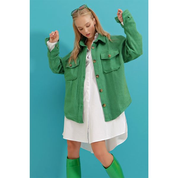 Trend Alaçatı Stili Trend Alaçatı Stili Women's Green Cachet Cotton Oversize Jacket Shirt