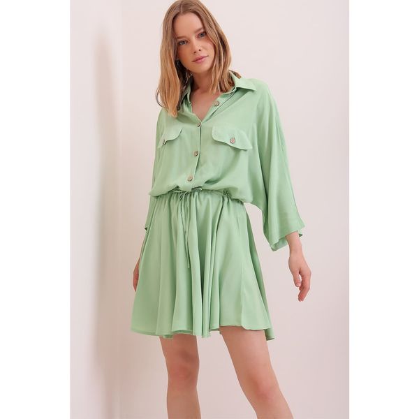 Trend Alaçatı Stili Trend Alaçatı Stili Women's Green Safari Woven Shirt Dress