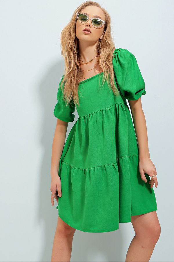 Trend Alaçatı Stili Trend Alaçatı Stili Women's Green Square Collar Princess Sleeve Ruffle Linen Dress