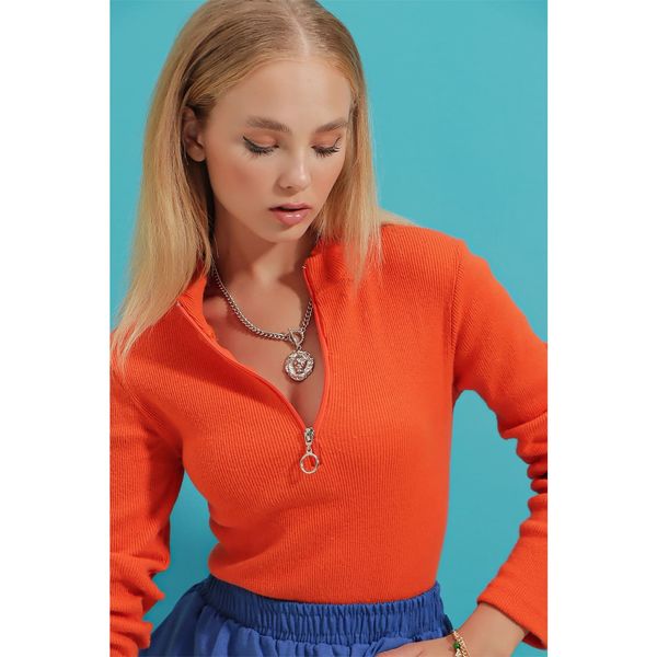 Trend Alaçatı Stili Trend Alaçatı Stili Women's Orange Stand Collar Zippered Camisole Blouse