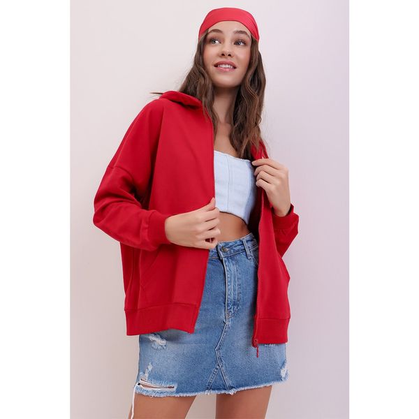 Trend Alaçatı Stili Trend Alaçatı Stili Women's Red Hooded Double Pocket Zippered Seasonal Sweatshirt
