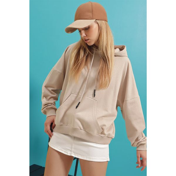 Trend Alaçatı Stili Trend Alaçatı Stili Women's Stone Hooded Kangaroo Pocket Two Yarn Sweatshirt