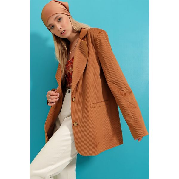 Trend Alaçatı Stili Trend Alaçatı Stili Women's Tan Velvet Woven Blazer Jacket