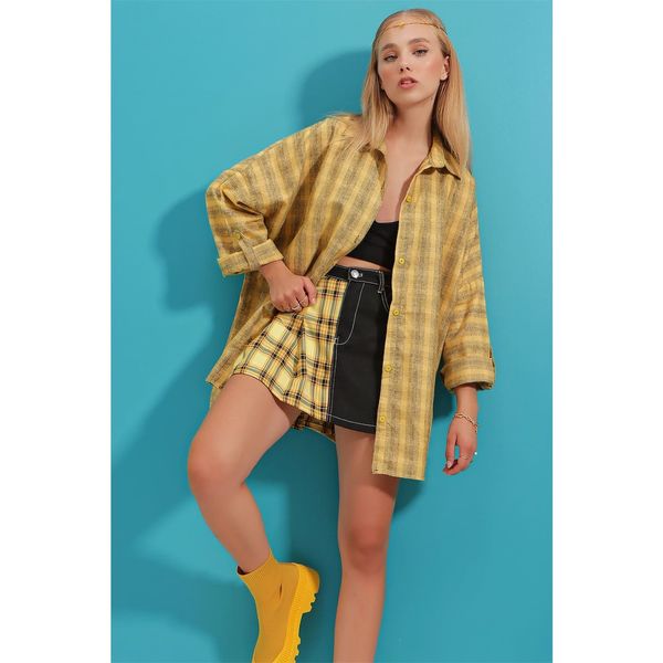 Trend Alaçatı Stili Trend Alaçatı Stili Women's Yellow Plaid Sleeves Epaulette Oversize Lumberjack Shirt