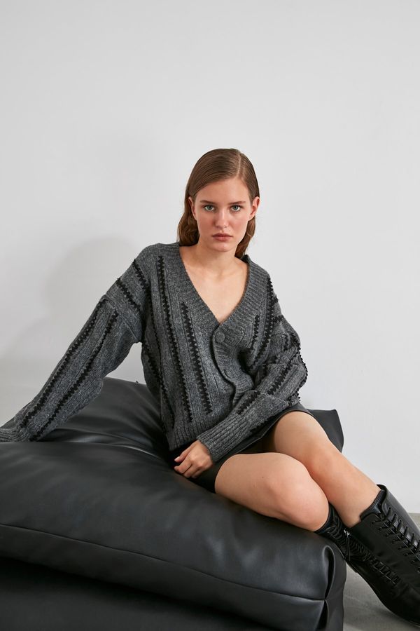 Trendyol Modyol Antracyt Warkocz Szczegółowe KnitWear Kardigan