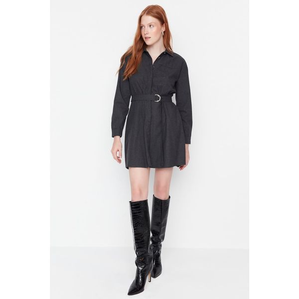 Trendyol Trendyol Anthracite Belted Shirt Dress