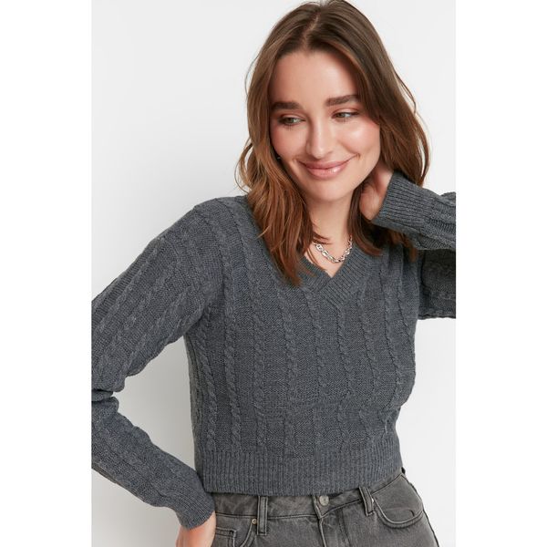 Trendyol Trendyol Anthracite Crop Knitted Detailed Knitwear Sweater