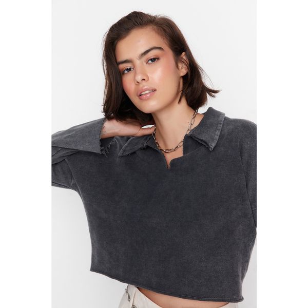 Trendyol Trendyol Anthracite Crop Wash Fine Knitted Sweatshirt