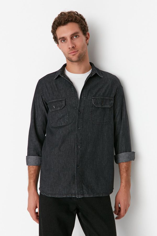 Trendyol Trendyol Anthracite Men Regular Fit Double Pocket Covered Denim Shirt