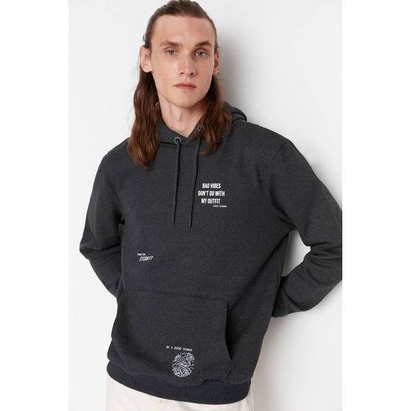 Trendyol Trendyol Anthracite Men Regular Fit Hoodie Printed Sweatshirt