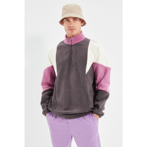 Trendyol Trendyol Anthracite Men Regular Fit Zipper Stand Up Collar Long Sleeve Paneled Sweatshirt