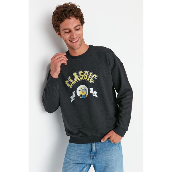 Trendyol Trendyol Anthracite Men's Oversize Fit Crew Neck Minions Licensed Sweatshirt