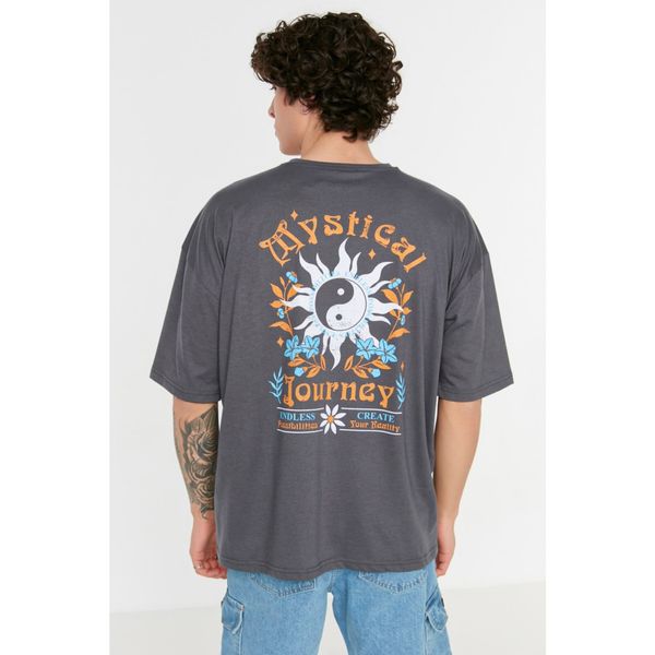 Trendyol Trendyol Anthracite Men's Oversize Fit Crew Neck Short Sleeved Printed T-Shirt