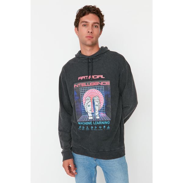 Trendyol Trendyol Anthracite Men's Relaxed Fit Hooded Printed Sleeve Paneled Acid Wash Sweatshirt