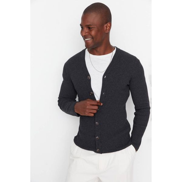 Trendyol Trendyol Anthracite Men's Slim Fit Slim Fit V-Neck Buttoned Corduroy Knitted Cardigan