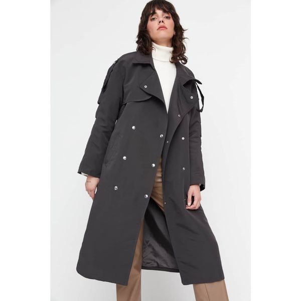Trendyol Trendyol Anthracite Oversize Belted Snap Closure Trench Coat