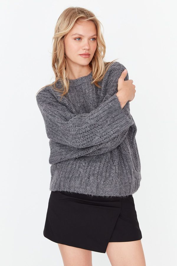 Trendyol Trendyol Anthracite Oversize Knit Detailed Knitwear Sweater