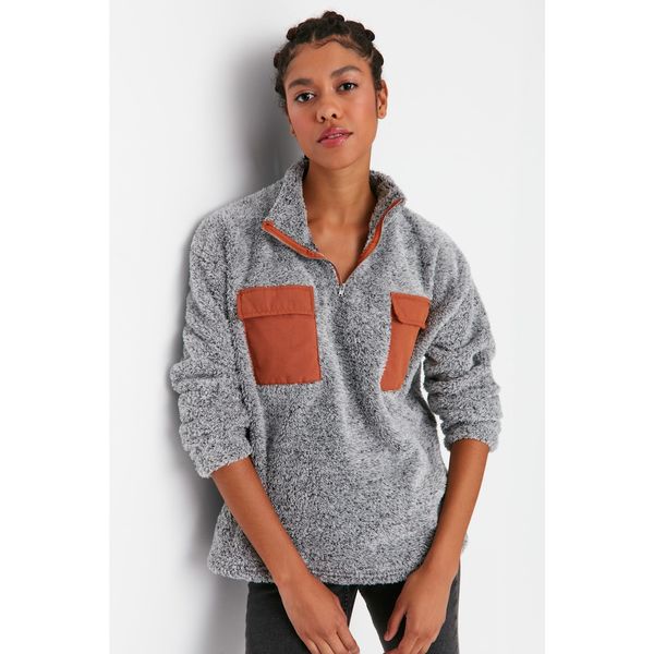 Trendyol Trendyol Anthracite Pocket Detailed Plush Stand Collar Basic Knitted Sweatshirt