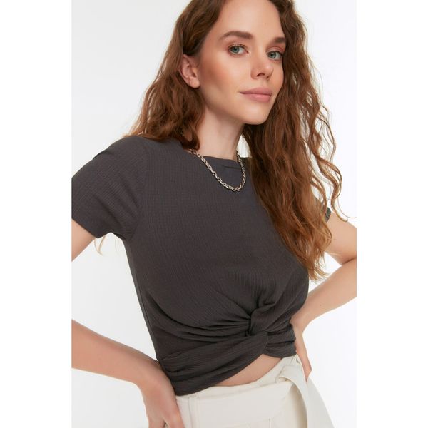 Trendyol Trendyol Anthracite Tie Detailed Crop Knitted Blouse