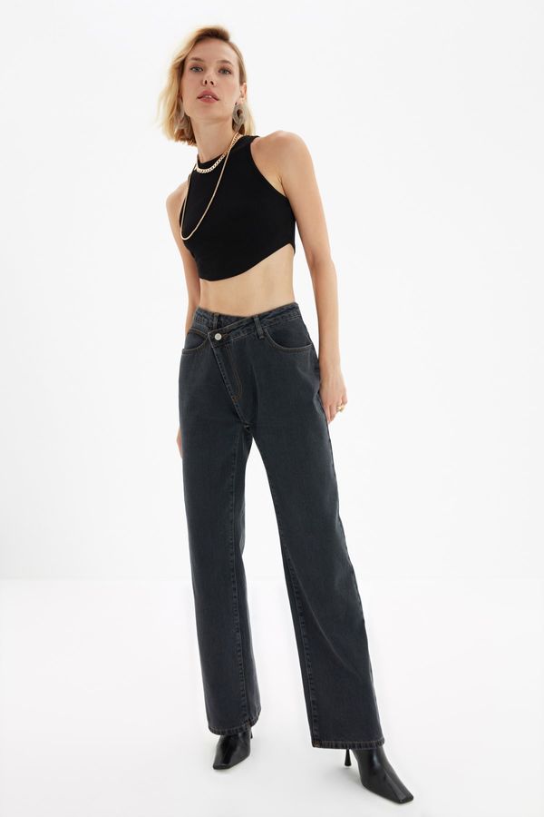 Trendyol Trendyol Antracyt Asymetryczne zamknięcie High Waist 90's Wide Leg Jeans