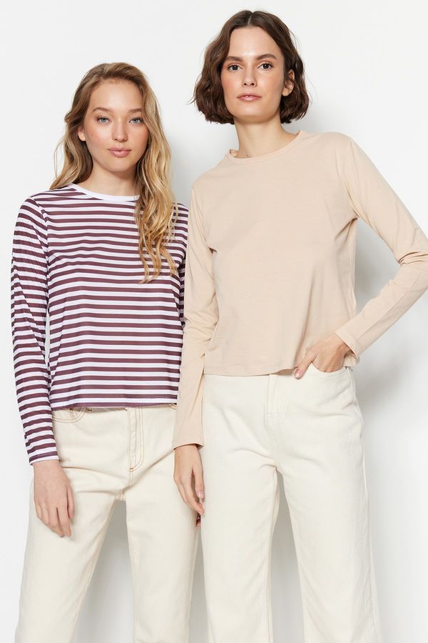 Trendyol Trendyol Beige-Brown Striped 2-Pack Crew Neck Basic Knitted T-Shirt