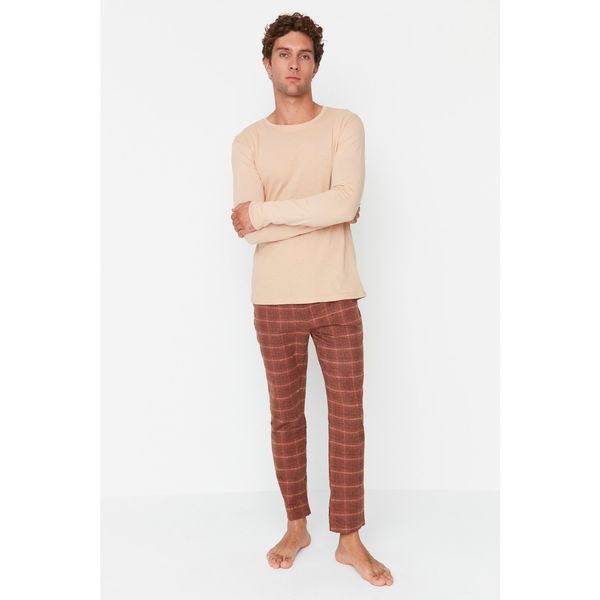 Trendyol Trendyol Beige - Camel Men Regular Fit Plaid Top Knitted Bottom Woven Pajamas Set