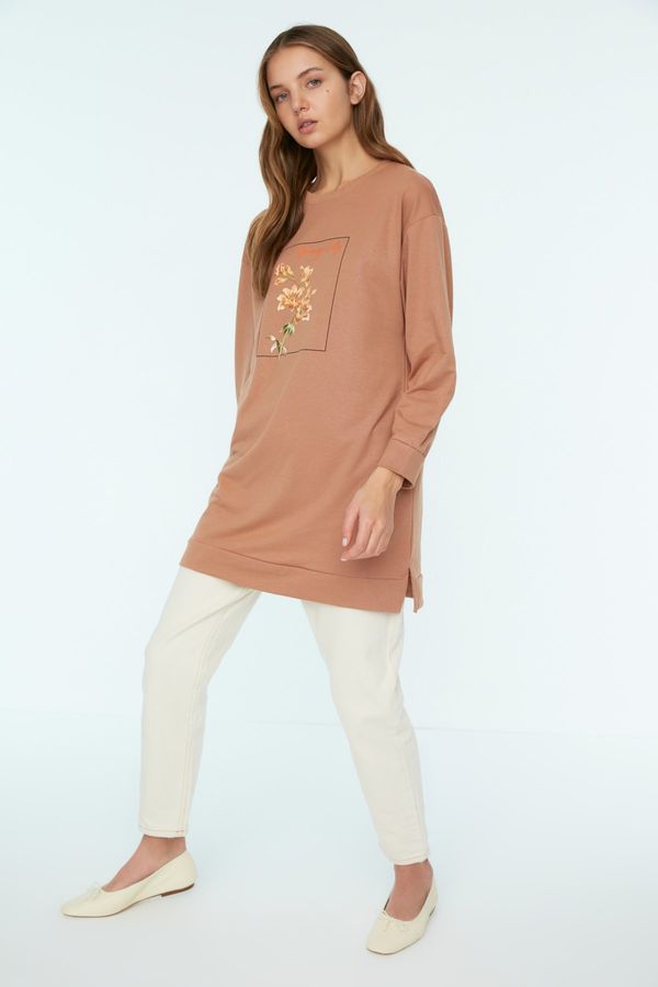 Trendyol Trendyol Beige Crew Neck Print Detailed Knitted Sweatshirt