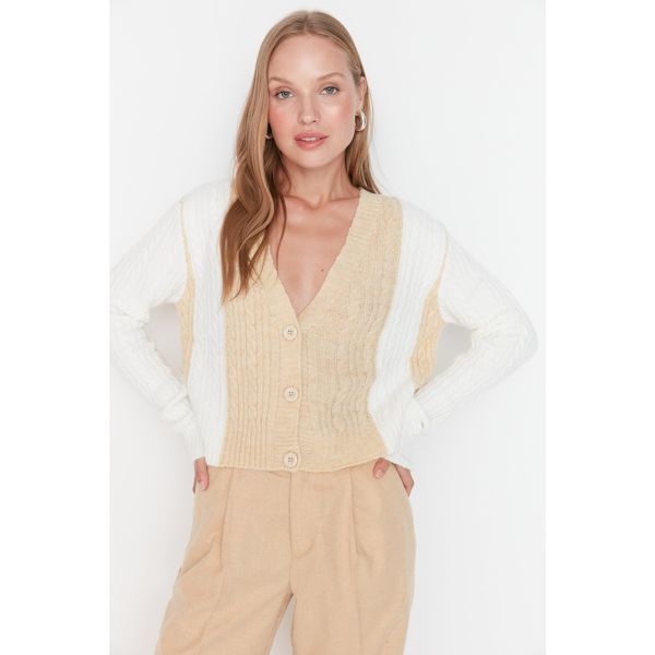 Trendyol Trendyol Beige Crop Color Block Knitwear Cardigan