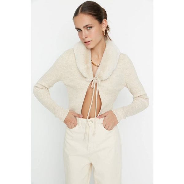 Trendyol Trendyol Beige Fur Collar Detailed Knitwear Cardigan