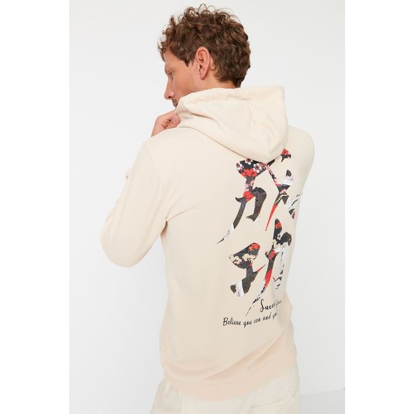 Trendyol Trendyol Beige Men Regular Fit Hooded Back Printed Cotton Sweatshirt