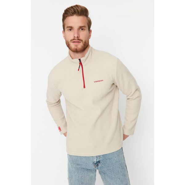 Trendyol Trendyol Beige Men Regular Fit Zipper Standing Collar Embroidered Label Appliqué Thick Sweatshirt