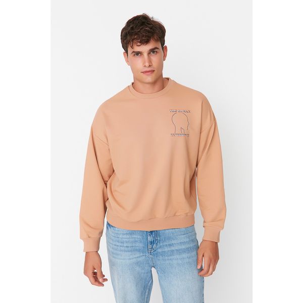 Trendyol Trendyol Beige Men's Oversize Crew Neck Long Sleeve Printed Sweatshirt