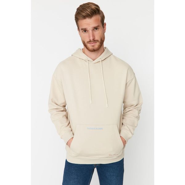 Trendyol Trendyol Beige Men's Oversize Fit Hoodie Printed Sweatshirt