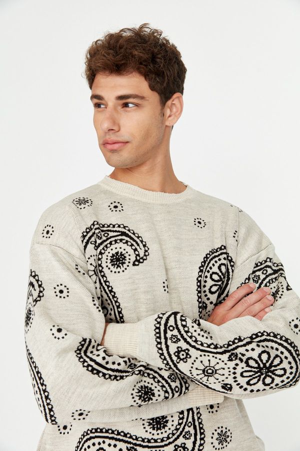 Trendyol Trendyol Beige Men's Oversize Shawl Patterned Crew Neck Knitwear Sweater