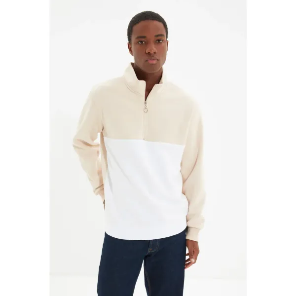 Trendyol Trendyol Beige Men's Paneled Zippered Stand-Up Collar Regular Sweatshirt