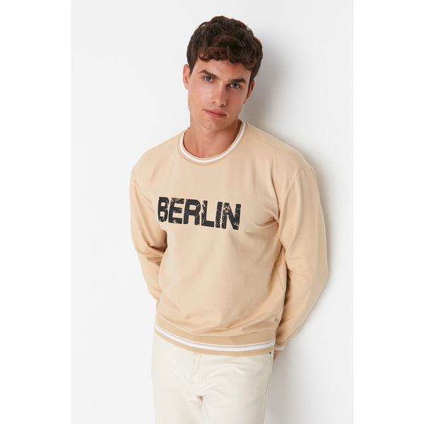 Trendyol Trendyol Beige Men's Relaxed Fit Long Sleeve Crew Neck Printed Sweatshirt