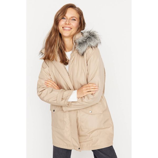 Trendyol Trendyol Beige Oversize Fur Hooded Coat