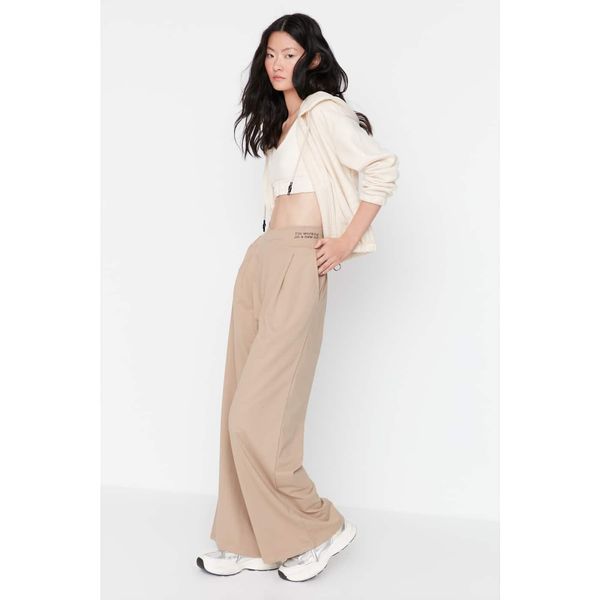 Trendyol Trendyol Beige Print Detailed Wide Leg Knitted Trousers