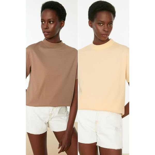 Trendyol Trendyol Beige Stand Up Collar 2-Pack Basic Knitted Tshirt T-Shirt