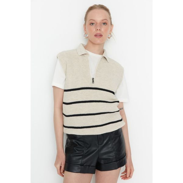 Trendyol Trendyol Beige Striped Zipper Detailed Knitwear Sweater