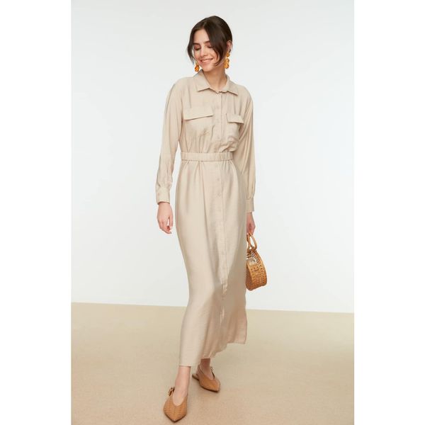 Trendyol Trendyol Beige Waist Elastic Belted Pocket Detailed Woven Dress