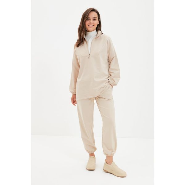 Trendyol Trendyol Beige Zippered Stand Up Collar Knitted Both Smoked Tracksuit Set
