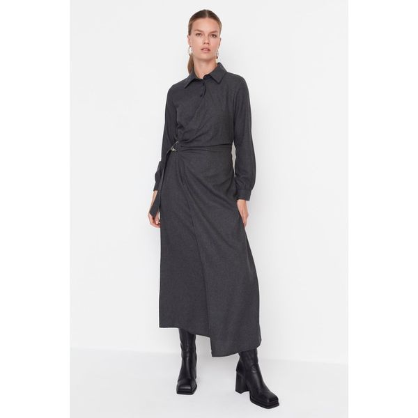 Trendyol Trendyol Black Accessory Belt Detailed Shirt Collar Woven Dress