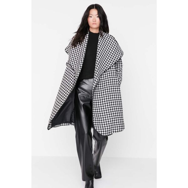 Trendyol Trendyol Black and White Crow's Foot Patterned Belted Wool Cachet Coat