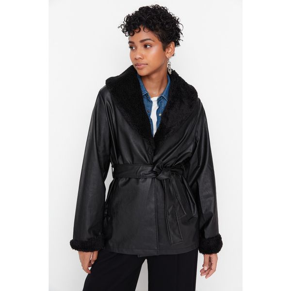 Trendyol Trendyol Black Belted Plush Fur Detailed Faux Leather Coat