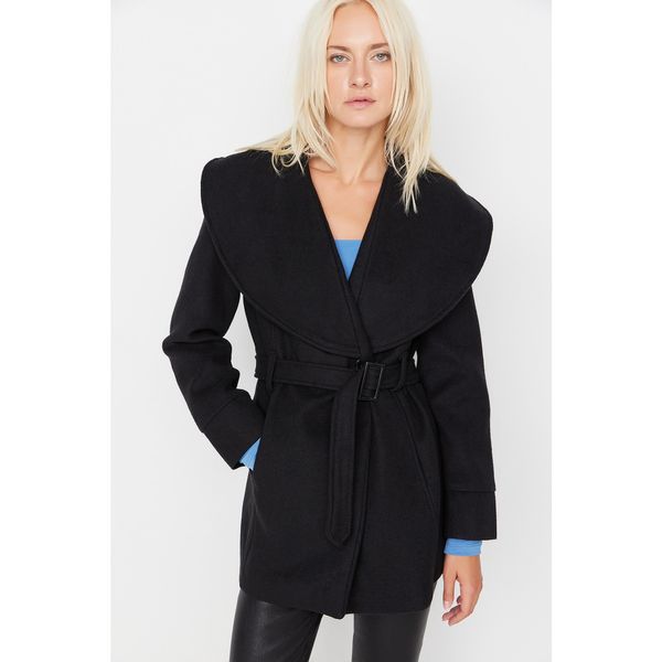 Trendyol Trendyol Black Belted Shawl Collar Stamp Coat